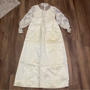 Vtg 60s White & Ivory Puffy Lace Long Sleeve Beaded Wedding Dress Hippy- flawed